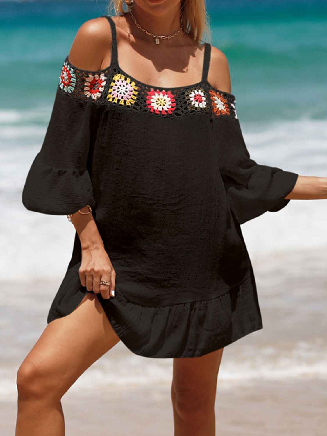 Crochet Cold Shoulder Three-Quarter Sleeve Cover Up Crochet Cold Shoulder Three-Quarter Sleeve Cover Up